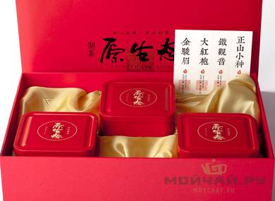 Подарочная упаковка с сумкой  # 17637 коробка красного цвета три банки для хранения чая